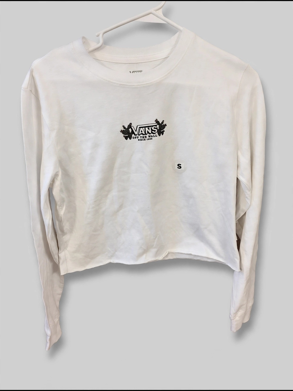Vans White Cropped Long Sleeve Tee with Black Logo